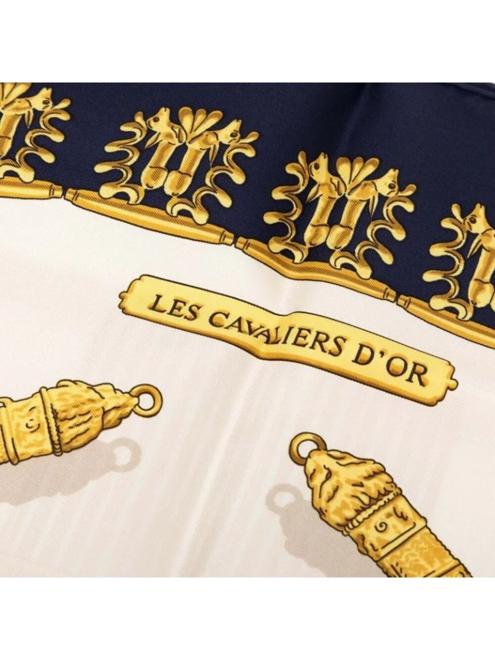 Hermes Carre 90 les Cavaliers D'or Yellow Golden Knight Scarf Navy Multicolor - Picture 3 of 8
